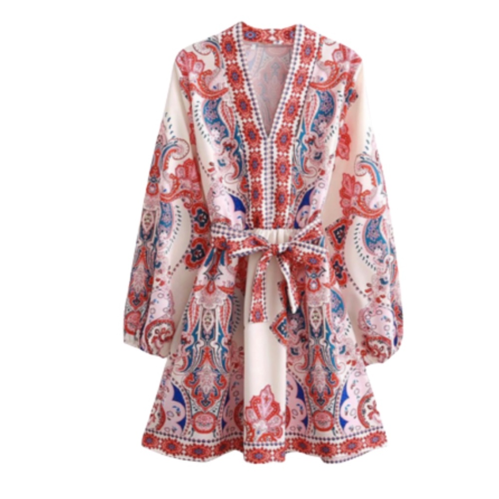 NWT Goodnight Macaroon Lola Dress Womens Small Red Blue Long Sleeve V-Neck Belt